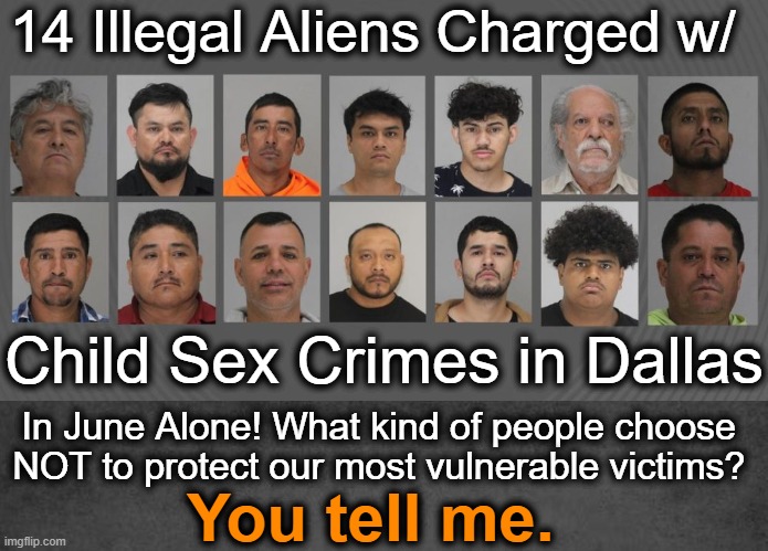Open Borders Have Consequences | 14 Illegal Aliens Charged w/; Child Sex Crimes in Dallas; In June Alone! What kind of people choose 
NOT to protect our most vulnerable victims? You tell me. | image tagged in politics,innocent,children,open borders,consequences,choices | made w/ Imgflip meme maker