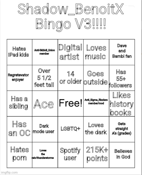New Bingo (V2 was 4 weeks ago) | Shadow_BenoitX Bingo V3!!!! Digital artist; Anti-Skibidi_Union member; Dave and Bambi fan; Hates iPad kids; Loves music; 14 or older; Regretevator enjoyer; Has 55+ followers; Goes outside; Over 5 1/2 feet tall; Anti_Sigma_Rizzlers member/mod; Has a sibling; Likes history books; Ace; Has an OC; Dark mode user; Gets straight A's (grades); Loves the dark; LGBTQ+; Loves the rain/thunderstorms; Believes in God; Hates porn; Spotify user; 215K+ points | image tagged in blank bingo | made w/ Imgflip meme maker