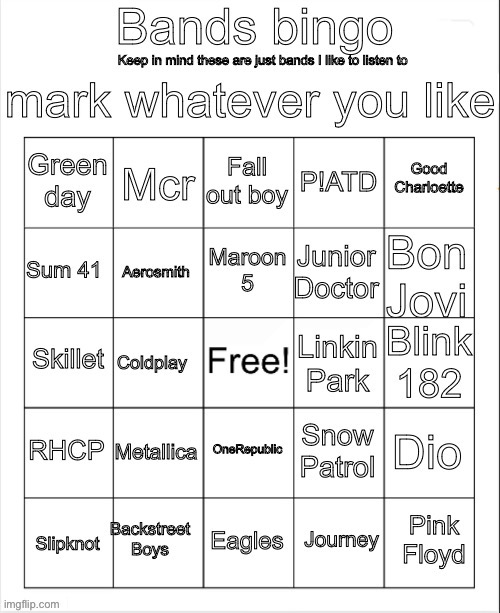 Bands Bingo | image tagged in bands bingo | made w/ Imgflip meme maker