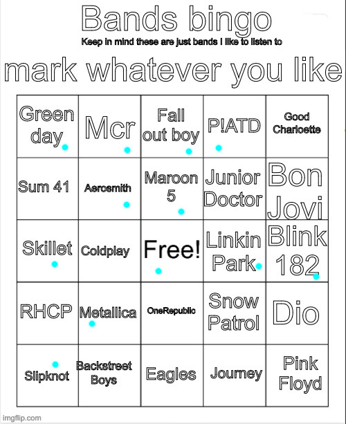 i have an unexplainable hatred for the RHCP | image tagged in bands bingo | made w/ Imgflip meme maker