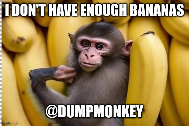 DumpMonkeyCrew | I DON'T HAVE ENOUGH BANANAS; @DUMPMONKEY | image tagged in meme | made w/ Imgflip meme maker