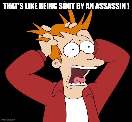 Futurama Fry Screaming | THAT'S LIKE BEING SHOT BY AN ASSASSIN ! | image tagged in futurama fry screaming | made w/ Imgflip meme maker