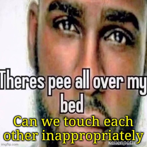 Theres pee all over my bed | Can we touch each other inappropriately | image tagged in theres pee all over my bed | made w/ Imgflip meme maker