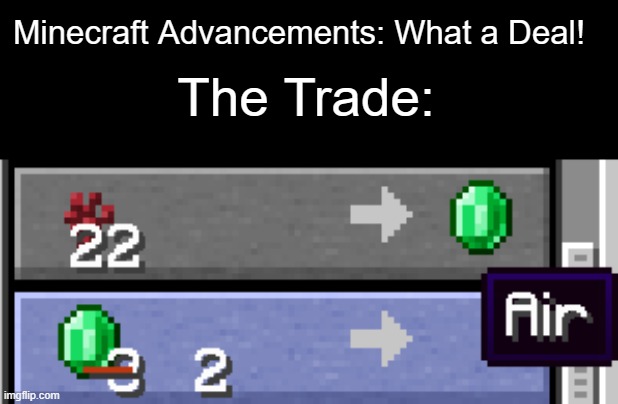 unedited screenshot btw | Minecraft Advancements: What a Deal! The Trade: | made w/ Imgflip meme maker