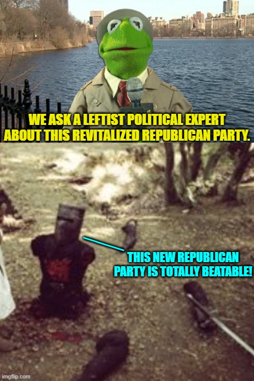 Always go to the experts for reliable analysis. | WE ASK A LEFTIST POLITICAL EXPERT ABOUT THIS REVITALIZED REPUBLICAN PARTY. ___; THIS NEW REPUBLICAN PARTY IS TOTALLY BEATABLE! | image tagged in kermit news report | made w/ Imgflip meme maker