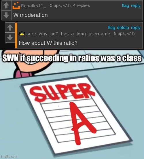 Queen of ratios | SWN if succeeding in ratios was a class | image tagged in super a | made w/ Imgflip meme maker