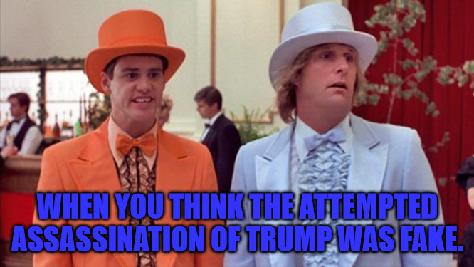 Dumb Cinspiracy Theorists. | WHEN YOU THINK THE ATTEMPTED ASSASSINATION OF TRUMP WAS FAKE. | image tagged in dumb and dumber | made w/ Imgflip meme maker