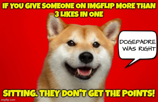 Politically biased information you should know | IF YOU GIVE SOMEONE ON IMGFLIP MORE THAN
3 LIKES IN ONE; SITTING. THEY DON'T GET THE POINTS! | image tagged in dogepadre was right,political meme,imgflip,imgflip users,meanwhile on imgflip,maga | made w/ Imgflip meme maker