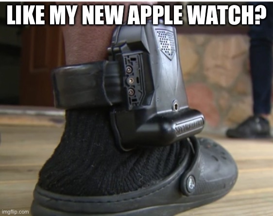 Ankle Apple | LIKE MY NEW APPLE WATCH? | image tagged in ankle monitor,apple,watch | made w/ Imgflip meme maker