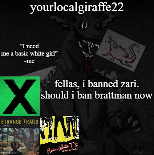 yourlocalgiraffe22 | fellas, i banned zari. should i ban brattman now | image tagged in yourlocalgiraffe22 | made w/ Imgflip meme maker