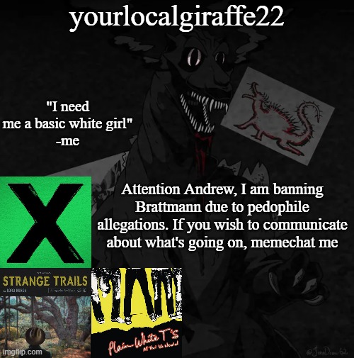 just to clear some stuff up | Attention Andrew, I am banning Brattmann due to pedophile allegations. If you wish to communicate about what's going on, memechat me | image tagged in yourlocalgiraffe22 | made w/ Imgflip meme maker