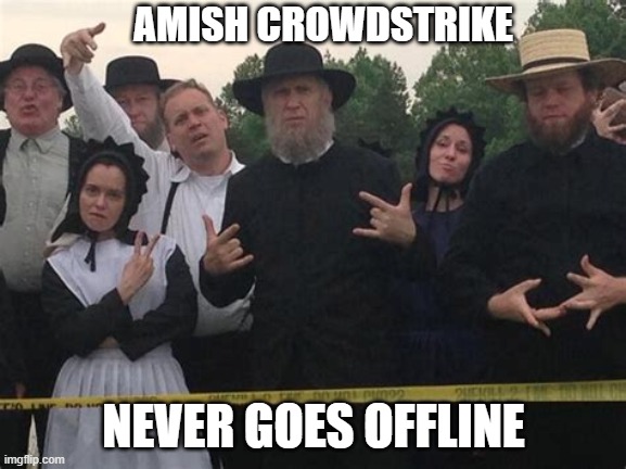 Amish Crowdstrike | AMISH CROWDSTRIKE; NEVER GOES OFFLINE | image tagged in amish | made w/ Imgflip meme maker