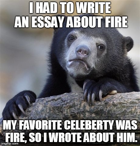 Confession Bear Meme | I HAD TO WRITE AN ESSAY ABOUT FIRE MY FAVORITE CELEBERTY WAS FIRE, SO I WROTE ABOUT HIM. | image tagged in memes,confession bear | made w/ Imgflip meme maker