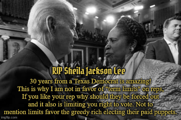 Sheila Jackson Lee RIP | RIP Sheila Jackson Lee; 30 years from a Texas Democrat is amazing! This is why I am not in favor of "term limits" on reps, If you like your rep why should they be forced out and it also is limiting you right to vote. Not to mention limits favor the greedy rich electing their paid puppets. | image tagged in sheila jackson lee rip,term limits,public servant,democrat | made w/ Imgflip meme maker