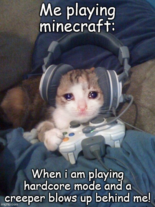 I Hate Creepers | Me playing minecraft:; When i am playing hardcore mode and a creeper blows up behind me! | image tagged in sad gamer cat with headphones crying while playing video games | made w/ Imgflip meme maker