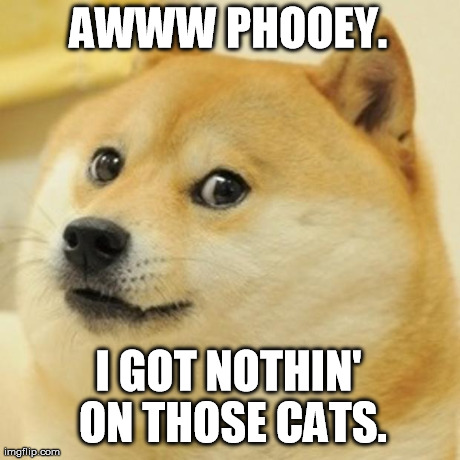 Doge Meme | AWWW PHOOEY. I GOT NOTHIN' ON THOSE CATS. | image tagged in memes,doge | made w/ Imgflip meme maker