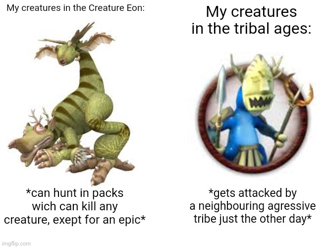I like the first three stages of Spore: Cell, creature and tribe. | My creatures in the Creature Eon:; My creatures in the tribal ages:; *can hunt in packs wich can kill any creature, exept for an epic*; *gets attacked by a neighbouring agressive tribe just the other day* | image tagged in spore | made w/ Imgflip meme maker