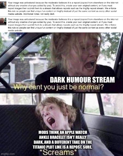 Bad moderation | DARK HUMOUR STREAM; MODS THINK AN APPLE WATCH ANKLE BRACELET ISN’T REALLY DARK, AND A DIFFERENT TAKE ON THE TITANIC PLOT LINE IS A REPOST. SURE. | image tagged in why can't you just be normal | made w/ Imgflip meme maker