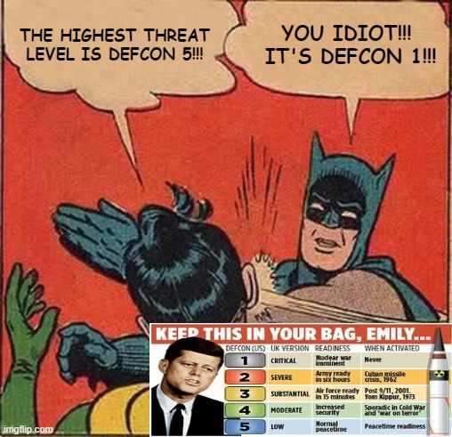 Get it Straight | THE HIGHEST THREAT LEVEL IS DEFCON 5!!! YOU IDIOT!!!  IT'S DEFCON 1!!! | image tagged in memes,batman slapping robin,defcon5,defcon1 | made w/ Imgflip meme maker