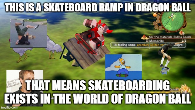 dragon ball facts 5 | THIS IS A SKATEBOARD RAMP IN DRAGON BALL; THAT MEANS SKATEBOARDING EXISTS IN THE WORLD OF DRAGON BALL | image tagged in dragon ball ramp,dragon ball z,anime,fun fact,skateboarding,facts | made w/ Imgflip meme maker
