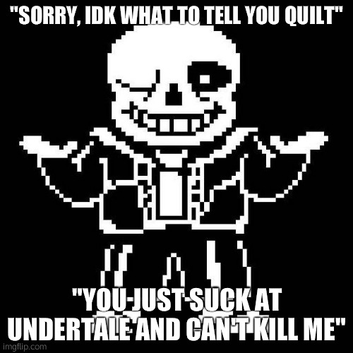 this is Sans talking to me based off of him bullying me | "SORRY, IDK WHAT TO TELL YOU QUILT"; "YOU JUST SUCK AT UNDERTALE AND CAN'T KILL ME" | image tagged in sans undertale | made w/ Imgflip meme maker