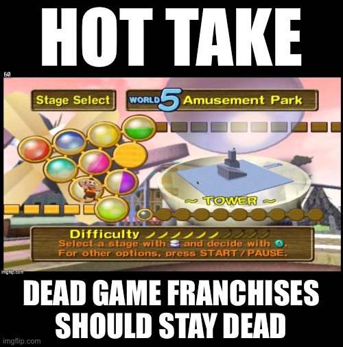Reposting this because nobody saw it earlier | HOT TAKE; DEAD GAME FRANCHISES
SHOULD STAY DEAD | image tagged in monkey ball 2 screen | made w/ Imgflip meme maker