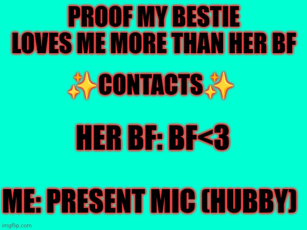 Like- this is what I witnessed with my own eyes on my friend's phone | PROOF MY BESTIE LOVES ME MORE THAN HER BF; ✨CONTACTS✨; HER BF: BF<3; ME: PRESENT MIC (HUBBY) | image tagged in contacts | made w/ Imgflip meme maker