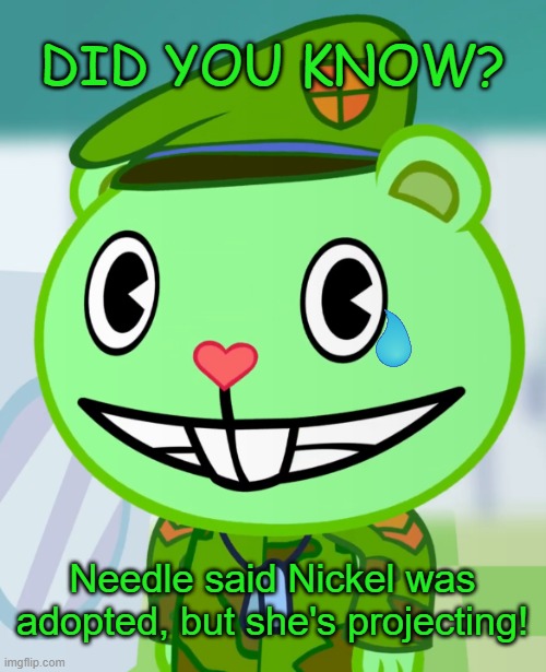 True | DID YOU KNOW? Needle said Nickel was adopted, but she's projecting! | image tagged in flippy smiles htf,bfdi | made w/ Imgflip meme maker