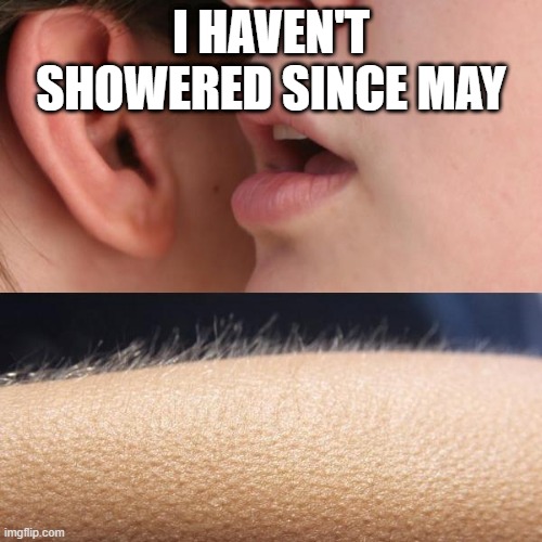 Whisper and Goosebumps | I HAVEN'T SHOWERED SINCE MAY | image tagged in whisper and goosebumps | made w/ Imgflip meme maker