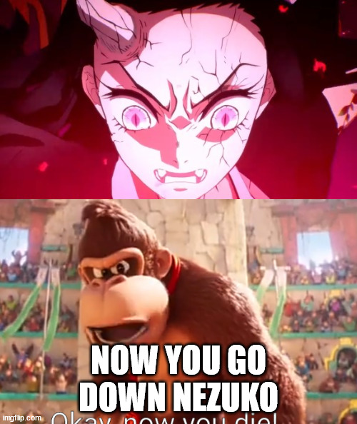 nezuko vs donkey kong | NOW YOU GO DOWN NEZUKO | image tagged in nezuko vs ash and friends,donkey kong,super mario,videogames,gaming,mario movie | made w/ Imgflip meme maker