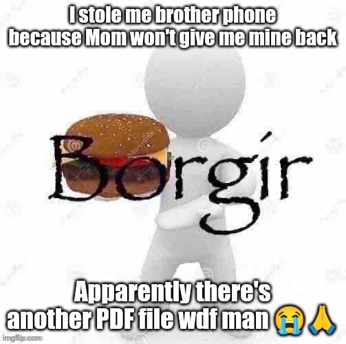 Borgir | I stole me brother phone because Mom won't give me mine back; Apparently there's another PDF file wdf man 😭🙏 | image tagged in borgir | made w/ Imgflip meme maker