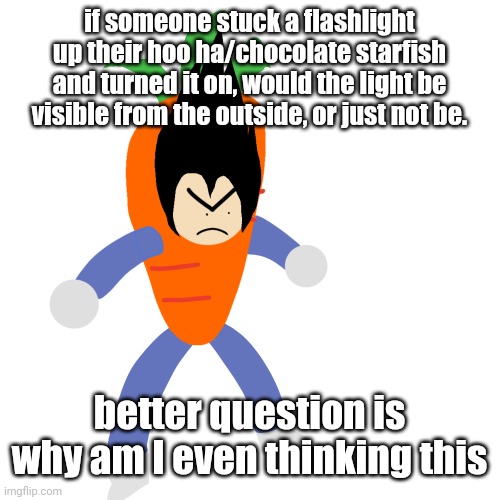 vegetable | if someone stuck a flashlight up their hoo ha/chocolate starfish and turned it on, would the light be visible from the outside, or just not be. better question is why am I even thinking this | image tagged in vegetable | made w/ Imgflip meme maker