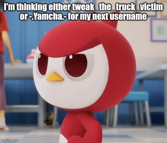 flugburgr | I'm thinking either tweak_the_truck_victim or -.Yamcha.- for my next username | image tagged in flugburgr | made w/ Imgflip meme maker