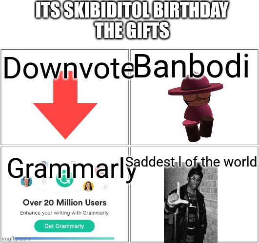 Blank Comic Panel 2x2 | ITS SKIBIDIT0L BIRTHDAY
THE GIFTS; Banbodi; Downvote; Saddest l of the world; Grammarly | image tagged in memes,blank comic panel 2x2 | made w/ Imgflip meme maker