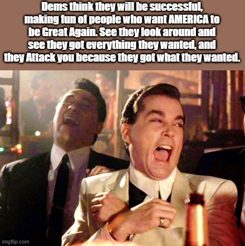 They are so dumb. | Dems think they will be successful, making fun of people who want AMERICA to be Great Again. See they look around and see they got everything they wanted, and they Attack you because they got what they wanted. | image tagged in memes,good fellas hilarious | made w/ Imgflip meme maker