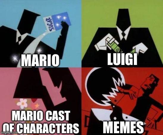 Mario cast of characters and memes | MARIO; LUIGI; MARIO CAST OF CHARACTERS; MEMES | image tagged in powerpuff girls creation | made w/ Imgflip meme maker