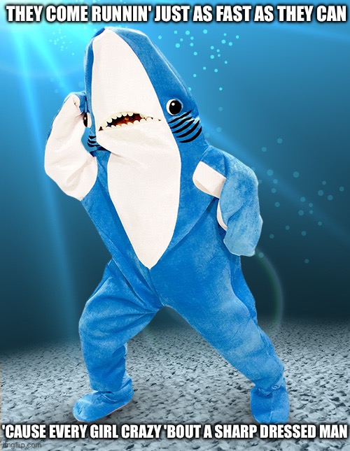 Shark suit | THEY COME RUNNIN' JUST AS FAST AS THEY CAN; 'CAUSE EVERY GIRL CRAZY 'BOUT A SHARP DRESSED MAN | image tagged in shark,shark week,suit | made w/ Imgflip meme maker