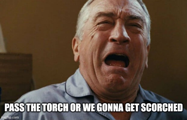 deniro crying | PASS THE TORCH OR WE GONNA GET SCORCHED | image tagged in deniro crying | made w/ Imgflip meme maker