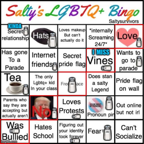 Salty’s LGBTQ+ bingo | KINDA; 🧂; 🧂; 🧂; 🧂; I  MISS; 🧂; 🧂; 🧂; 🧂; 🧂; 🧂; 🧂; 🧂; 🧂; 🧂 | image tagged in the pride bingo,bingo,lgbtq,tea,fashion,vines | made w/ Imgflip meme maker