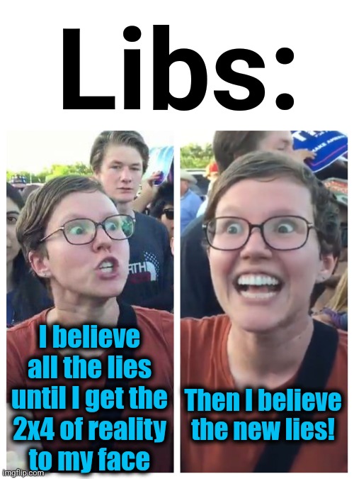 Social Justice Warrior Hypocrisy | Libs: I believe
all the lies
until I get the
2x4 of reality
to my face Then I believe the new lies! | image tagged in social justice warrior hypocrisy | made w/ Imgflip meme maker