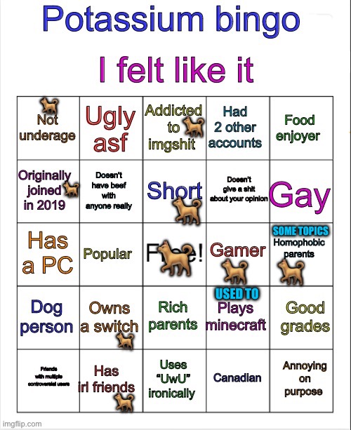 Potassium bingo (no bingo) | 🐕; 🐕; 🐕; 🐕; SOME TOPICS; 🐕; 🐕; 🐕; USED TO; 🐕; 🐕 | image tagged in potassium bingo v3,bingo,lgbtq,dog,dogs,video games | made w/ Imgflip meme maker