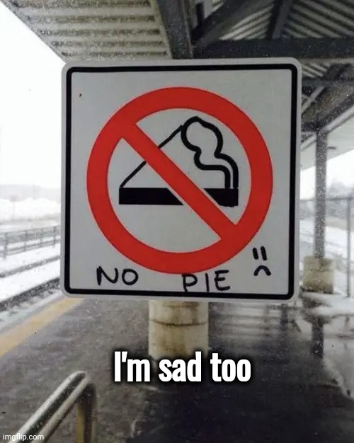 Nobody doesn't like Pie | I'm sad too | image tagged in you had one job,stupid signs,pie,well yes but actually no,no smoking,i got this | made w/ Imgflip meme maker