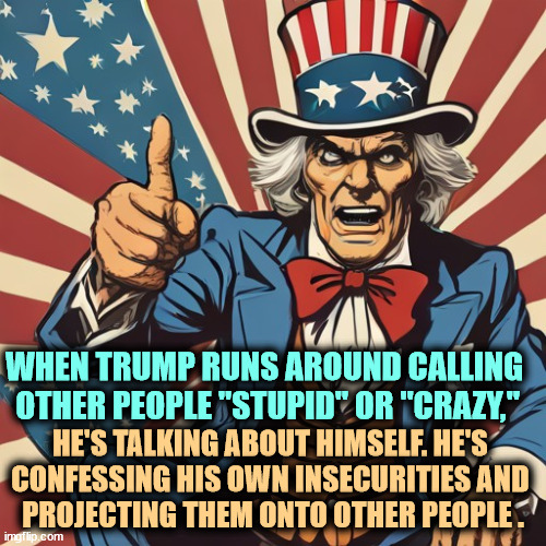 WHEN TRUMP RUNS AROUND CALLING 
OTHER PEOPLE "STUPID" OR "CRAZY,"; HE'S TALKING ABOUT HIMSELF. HE'S 
CONFESSING HIS OWN INSECURITIES AND 
PROJECTING THEM ONTO OTHER PEOPLE . | image tagged in trump,stupid,crazy,confession,malignant narcissist | made w/ Imgflip meme maker