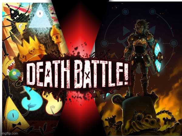 Bill Cipher vs. Link (Gravity Falls vs. Zelda) Battle Name: Golden Triangles upon thee | image tagged in death battle | made w/ Imgflip meme maker