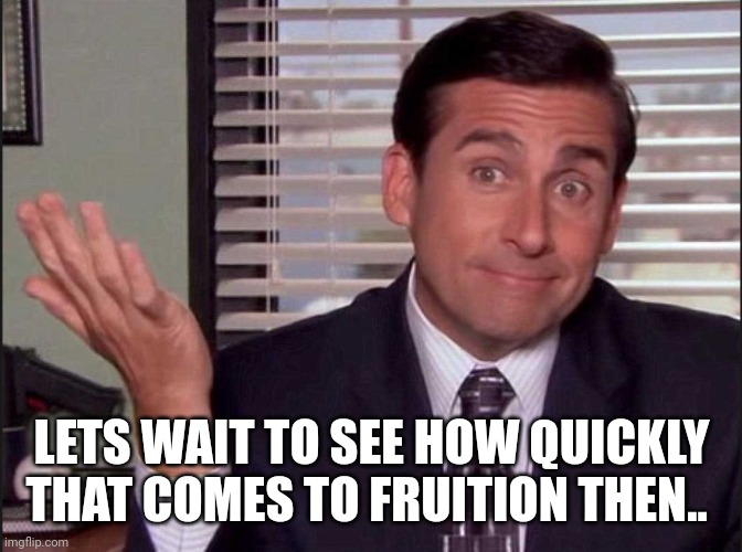 Michael Scott | LETS WAIT TO SEE HOW QUICKLY THAT COMES TO FRUITION THEN.. | image tagged in michael scott | made w/ Imgflip meme maker