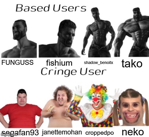 Based users vs cringe user | tako; shadow_benoitx; FUNGUSS; fishium; neko; segafan93; janettemohan; croppedpo | image tagged in based users vs cringe user | made w/ Imgflip meme maker