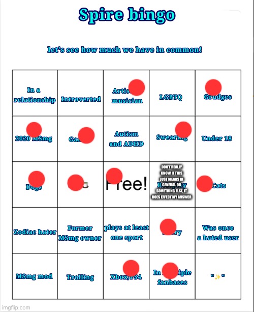 Idk if I got a bingo or not | DON’T REALLY KNOW IF THIS JUST MEANS IN GENERAL OR SOMETHING ELSE, IT DOES EFFECT MY ANSWER | image tagged in spire bingo | made w/ Imgflip meme maker