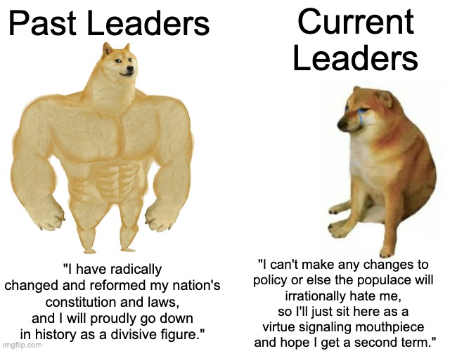 Buff Doge vs. Cheems | Current Leaders; Past Leaders; "I have radically changed and reformed my nation's constitution and laws, and I will proudly go down in history as a divisive figure."; "I can't make any changes to 
policy or else the populace will 
irrationally hate me, 
so I'll just sit here as a 
virtue signaling mouthpiece 
and hope I get a second term." | image tagged in memes,buff doge vs cheems,past leaders,current leaders,history,funny | made w/ Imgflip meme maker