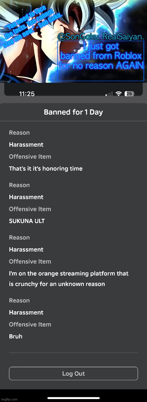 I just got banned from Roblox for no reason AGAIN | image tagged in songoku_realsaiyan temp v3 | made w/ Imgflip meme maker