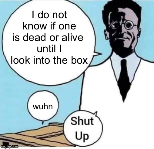 Schrodinger Box | I do not know if one is dead or alive 
until I look into the box; wuhn | image tagged in schrodinger box | made w/ Imgflip meme maker